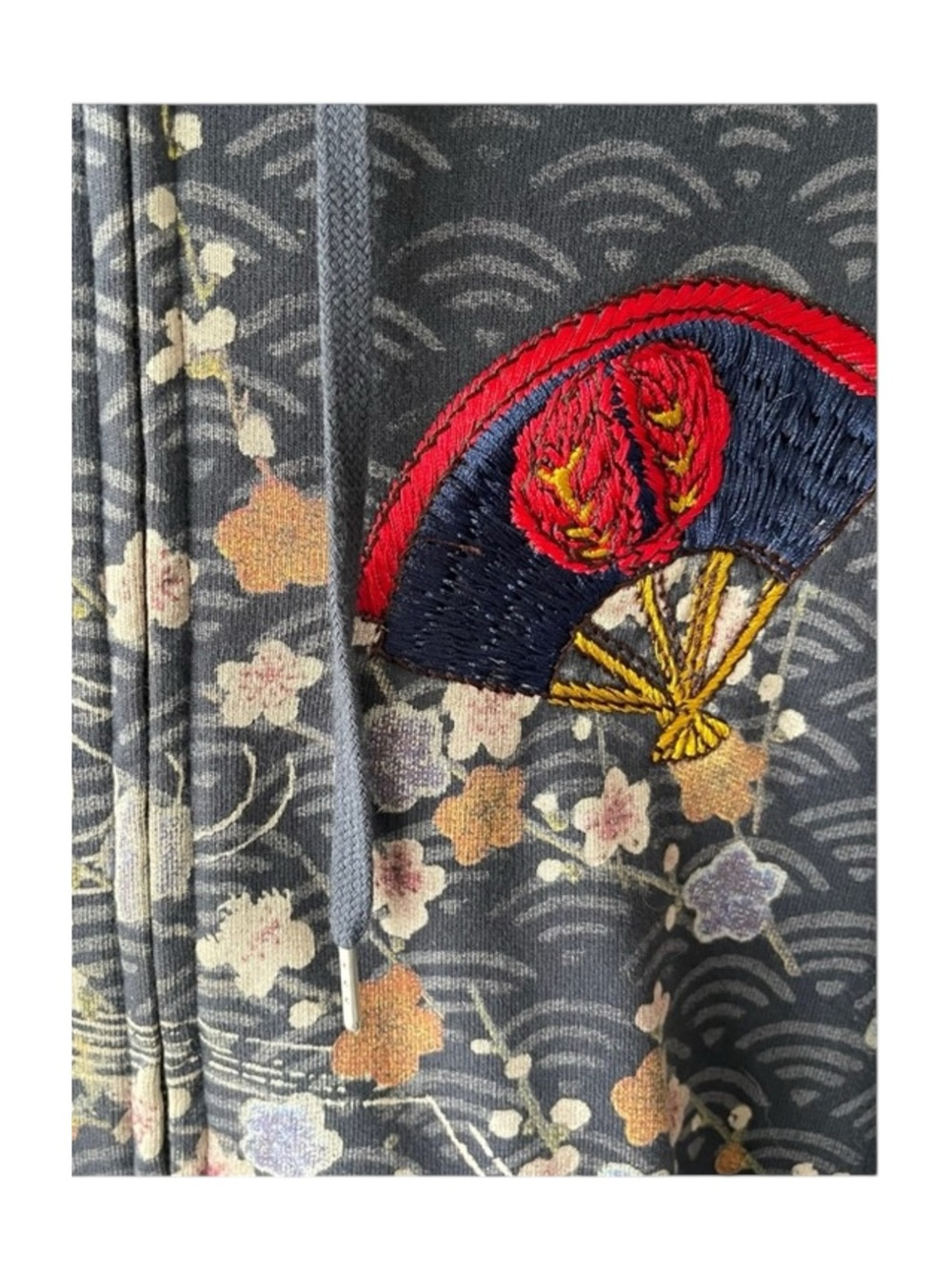 Rare: Y2K Lucky Brand ☂︎︎ Geisha Parasol Embroidery Zipper Hoodie ☂︎︎ Navy ☂︎︎ L - Picture 12 of 16